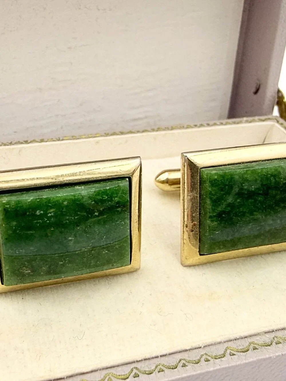 Handsome Hallmarked MCM Gold Plated Nephrite Jade Minimalist Cufflinks
